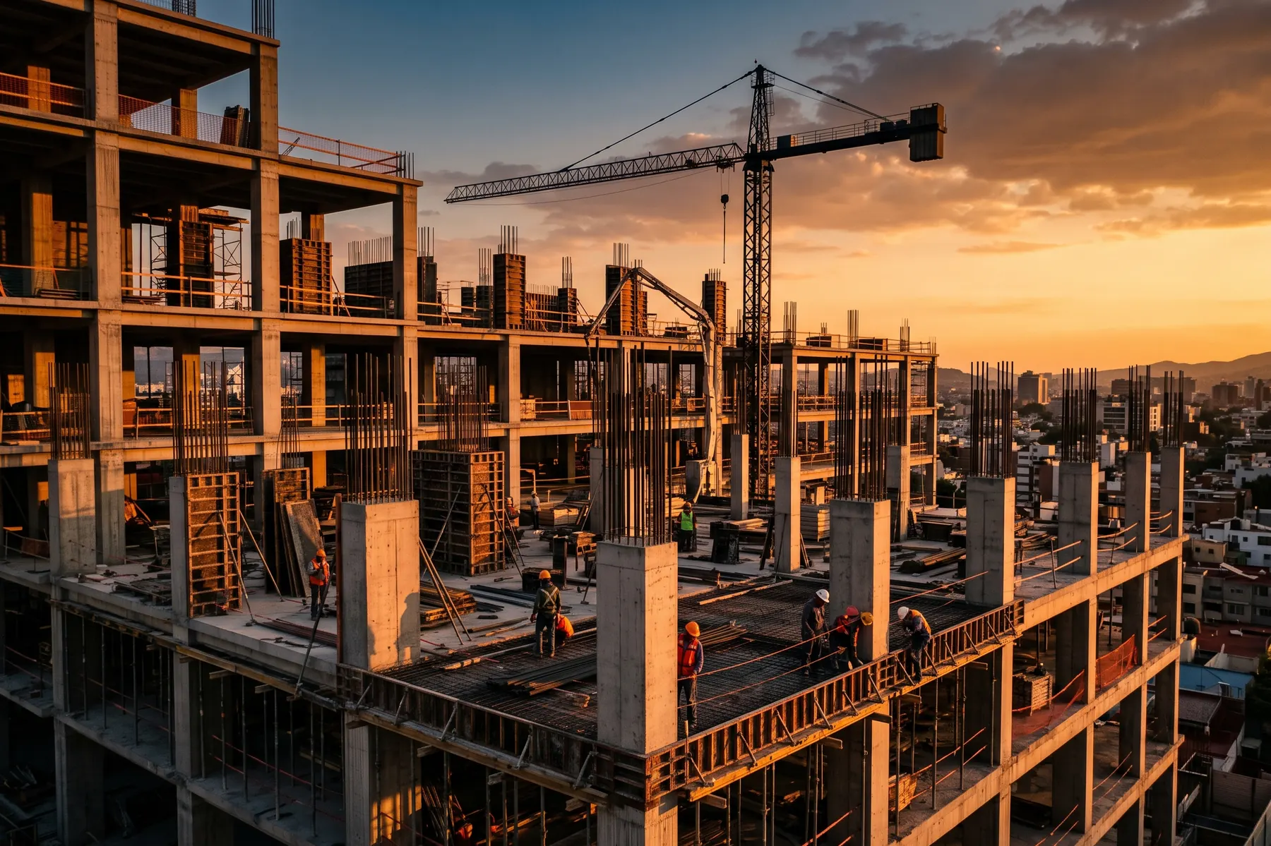 Edificio de concreto en construcción al atardecer con grúa torre (imagen ilustrativa)