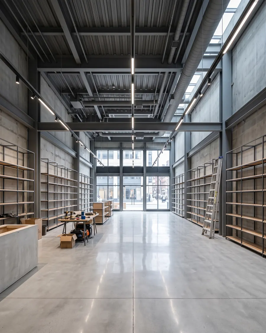 Interior de tienda en obra con estructura aparente y piso de concreto pulido